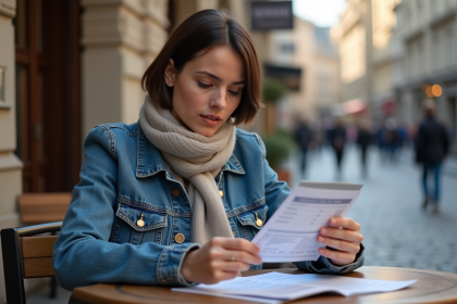Jeune femme examine sa carte santé européenne en extérieur