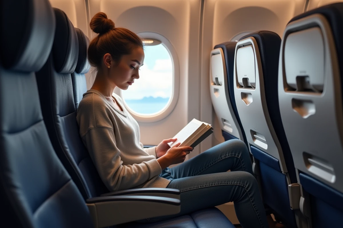 Jeune femme lisant dans un avion lors d'un long vol