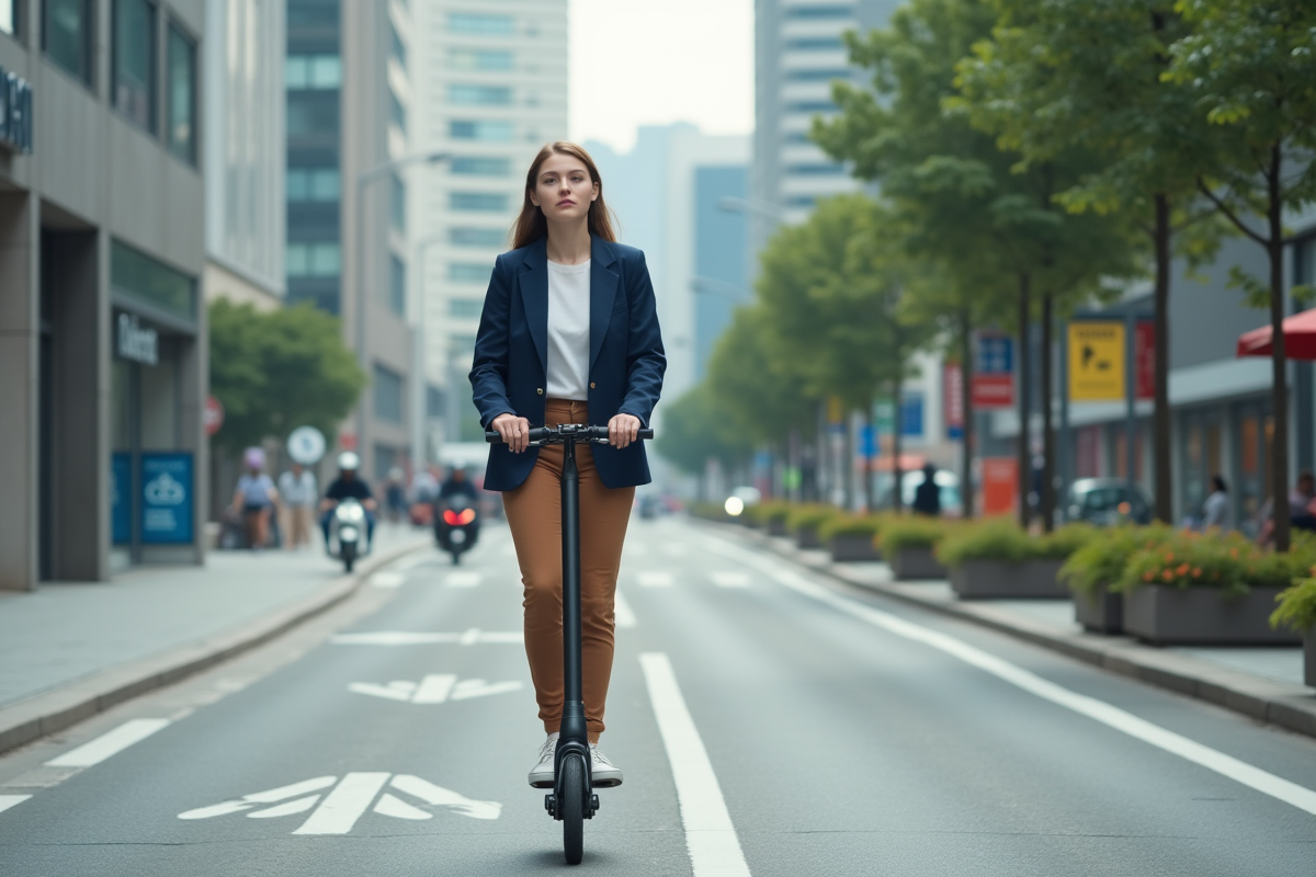 Jeune femme en blazer roulant en scooter en ville