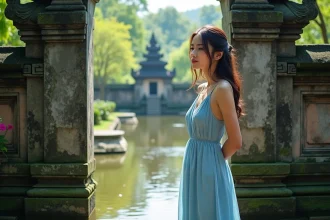 Jeune femme en robe bleue près du temple Taman Ayun