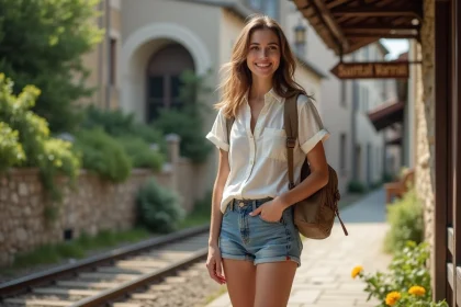 Jeune femme souriante près d'une gare rustique en Europe