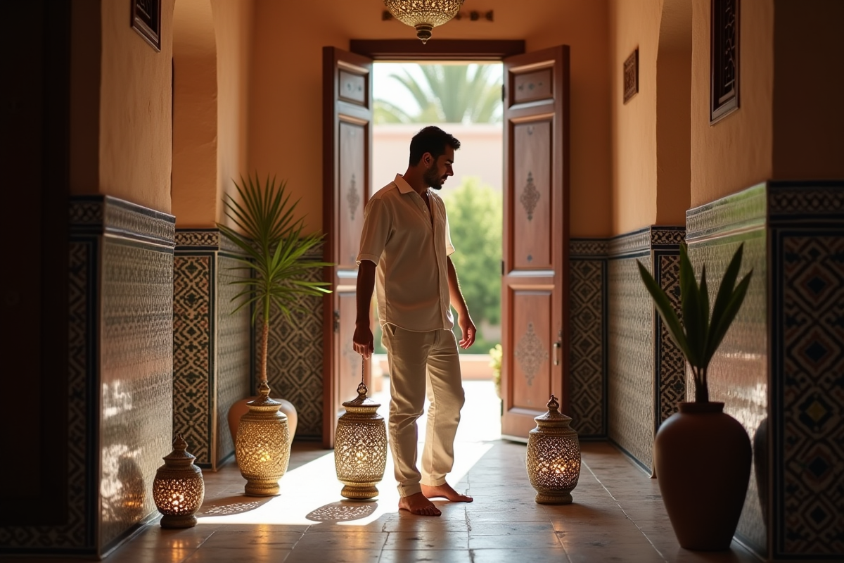 Jeune homme marocain arrangeant des lanternes dans un riad