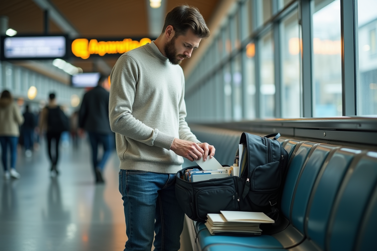 Jeune homme rangeant ses documents dans un sac à la gare