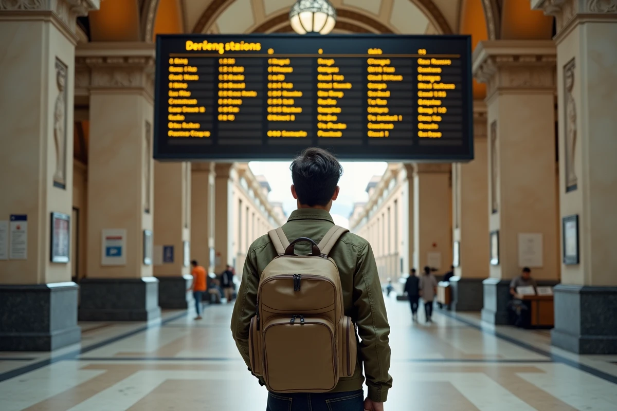 Jeune homme regardant le tableau des départs à Venise