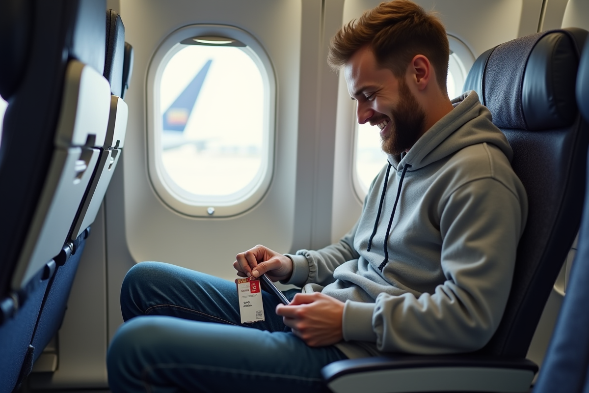 Jeune homme vérifiant ses affaires dans un avion