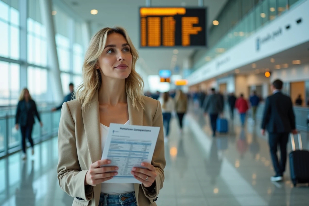 Journaliste de voyage consultant un comparatif de compagnies aériennes dans un terminal d'aéroport international