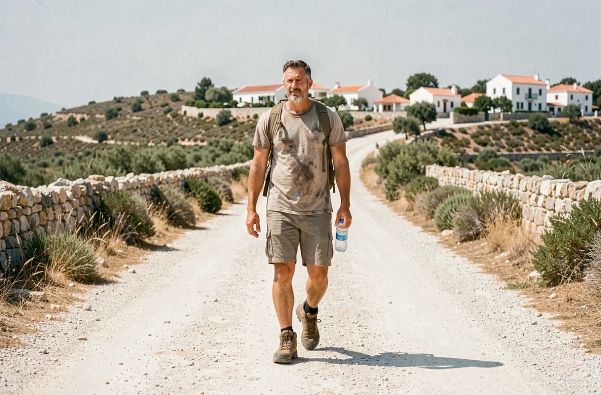 Homme marchant seul sur un chemin de terre isolé à Kythira en Grèce sans moyen de transport, paysage aride en arrière-plan
