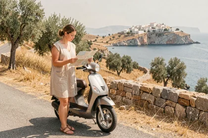 Femme avec scooter sur une route sinueuse de Kythira en Grèce, consultant une carte papier avec vue sur la mer Égée