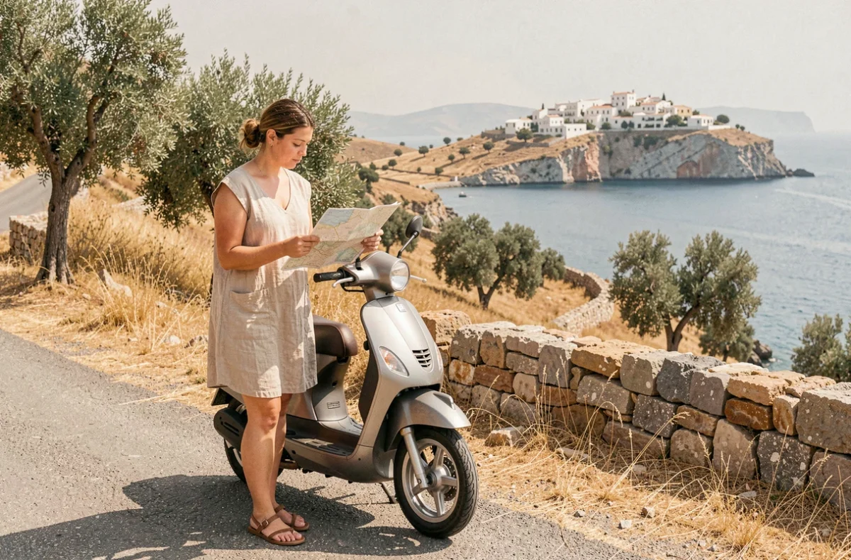 Femme avec scooter sur une route sinueuse de Kythira en Grèce, consultant une carte papier avec vue sur la mer Égée