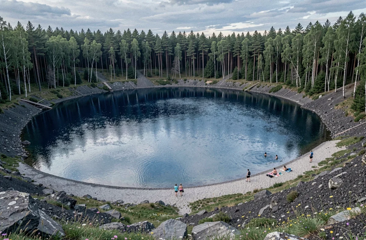 Lac du Bouchet en Haute-Loire, plan d'eau classé aux eaux bleues transparentes entouré de forêt volcanique préservée