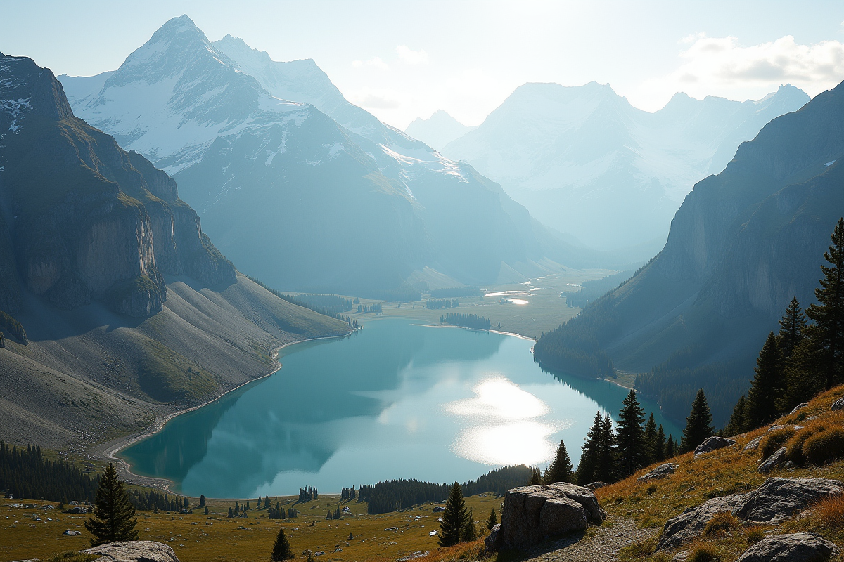 Lac de montagne refletant les sommets enneiges au lever du soleil