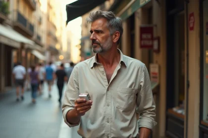 Homme espagnol tenant un paquet de cigarettes dans une rue de Barcelone, illustrant la limitation de cigarettes en Espagne