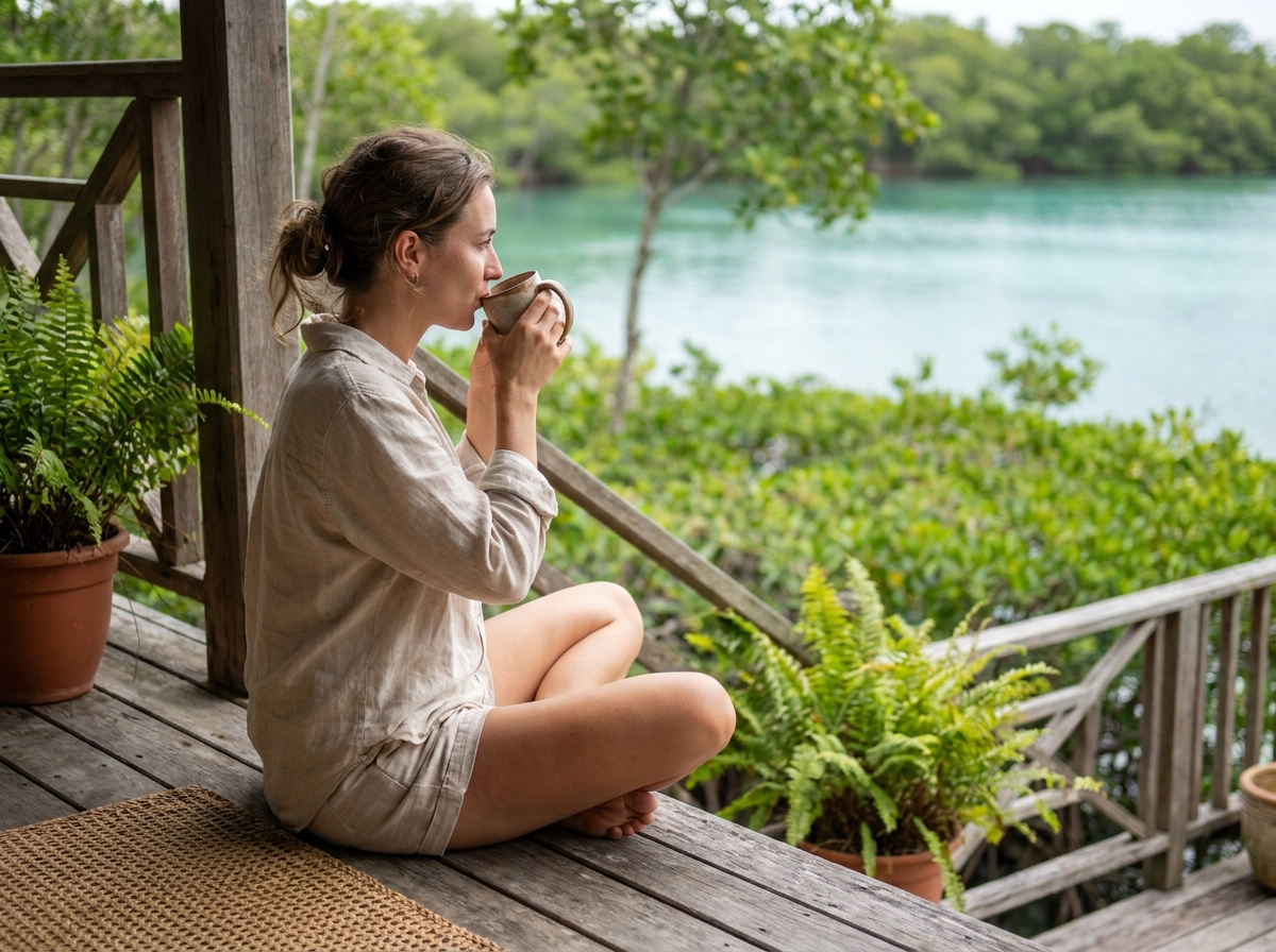 Femme se relaxant sur la terrasse d'un lodge nature en Guadeloupe avec vue sur la mangrove et le lagon