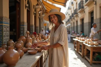 Femme choisissant de la poterie artisanale à Alger