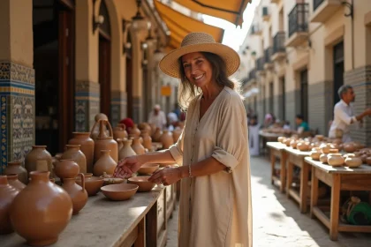 Femme choisissant de la poterie artisanale à Alger
