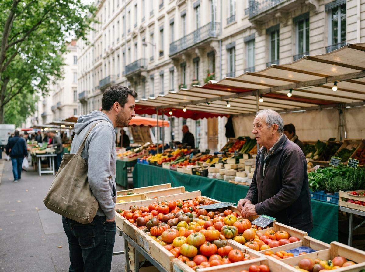 Marché en plein air animé sur le Boulevard de la Croix-Rousse à Lyon, avec des étals de fruits et légumes frais et des habitants faisant leurs courses le matin