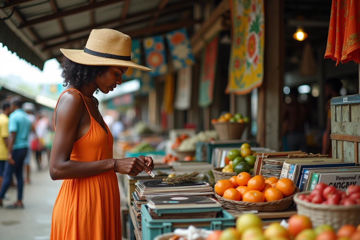 Femme jamaïcaine explorant un marché traditionnel animé au Coronation Market de Kingston