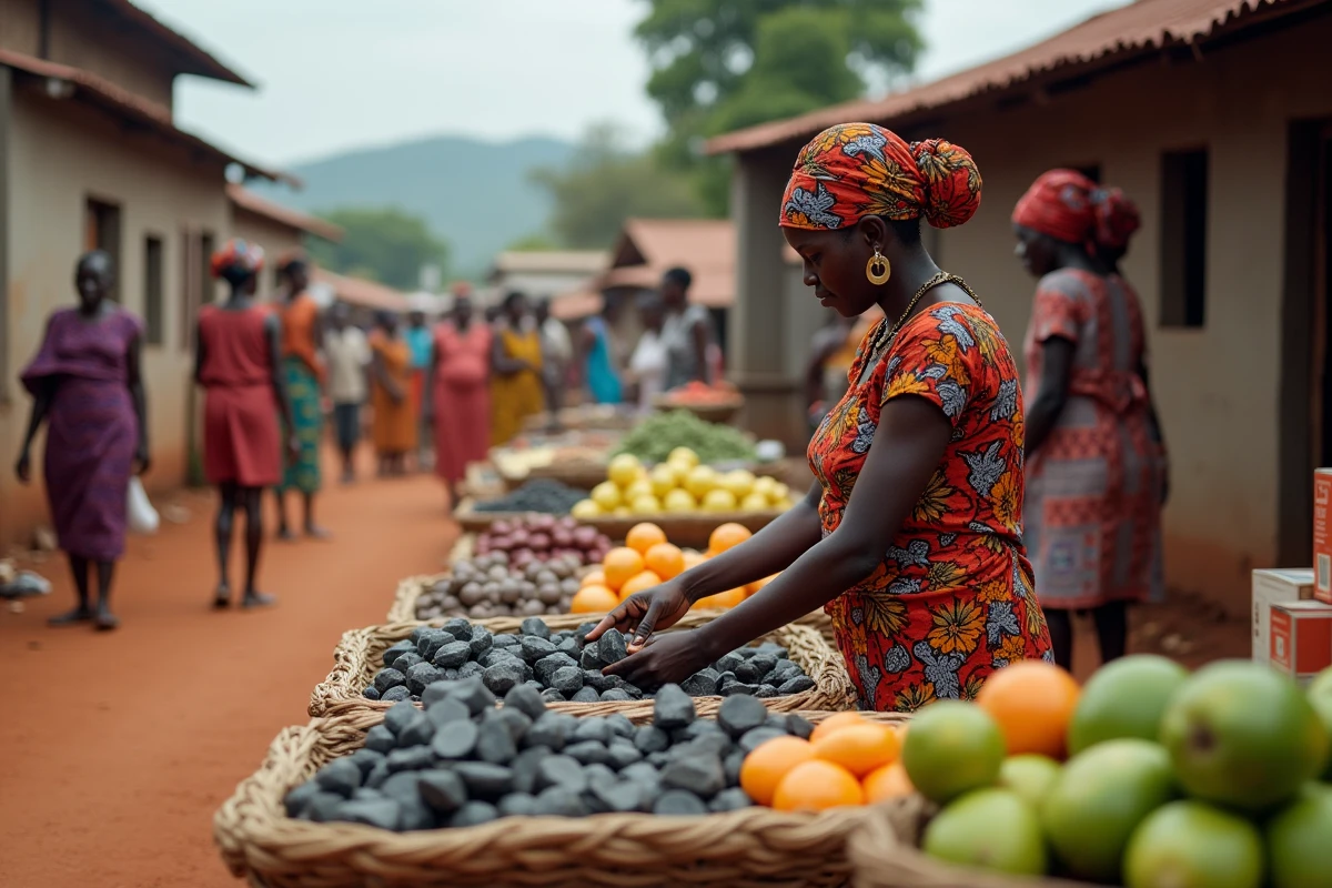 Marché local de Goma avec vendeurs de pierres volcaniques et produits frais près du Nyiragongo