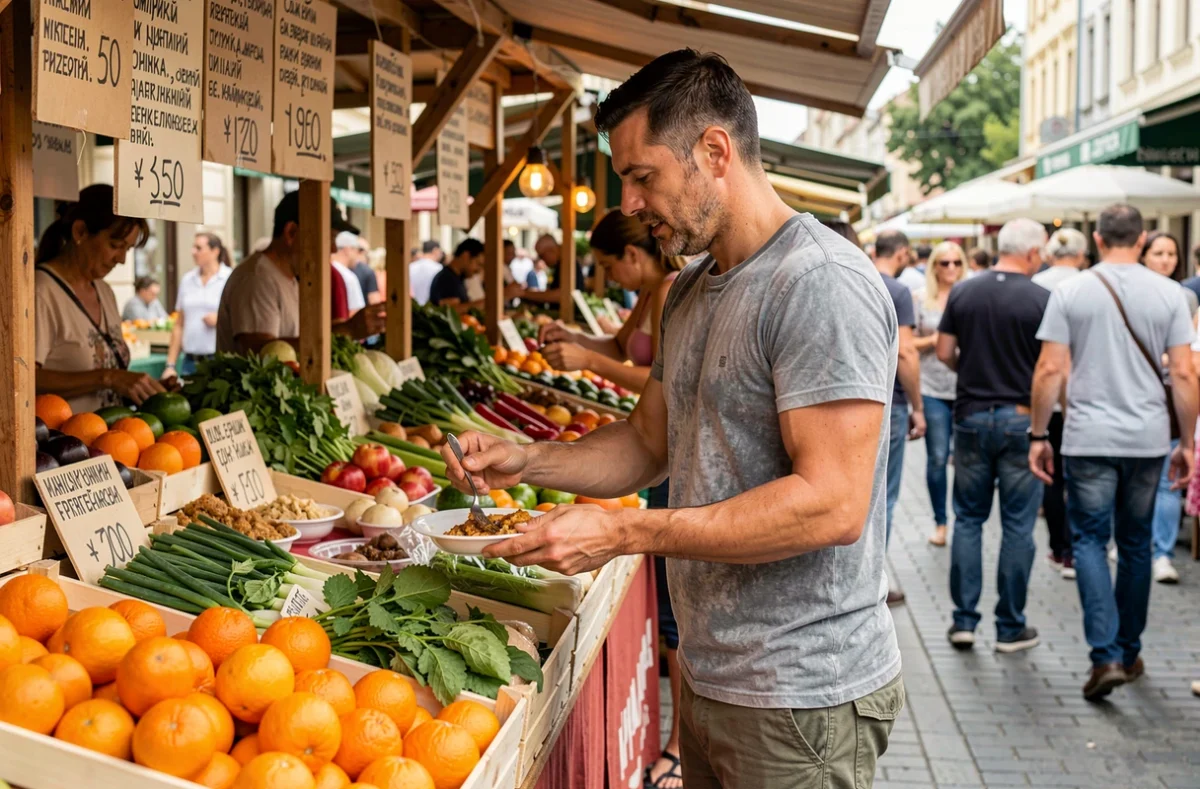 Voyageur économique faisant ses achats dans un marché local en plein air à Novi Sad, Serbie