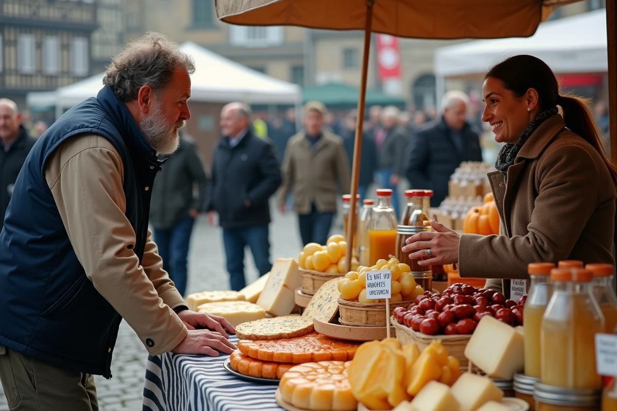 Étal de marché normand avec fromages, crème fraîche et charcuterie régionale sur pavés
