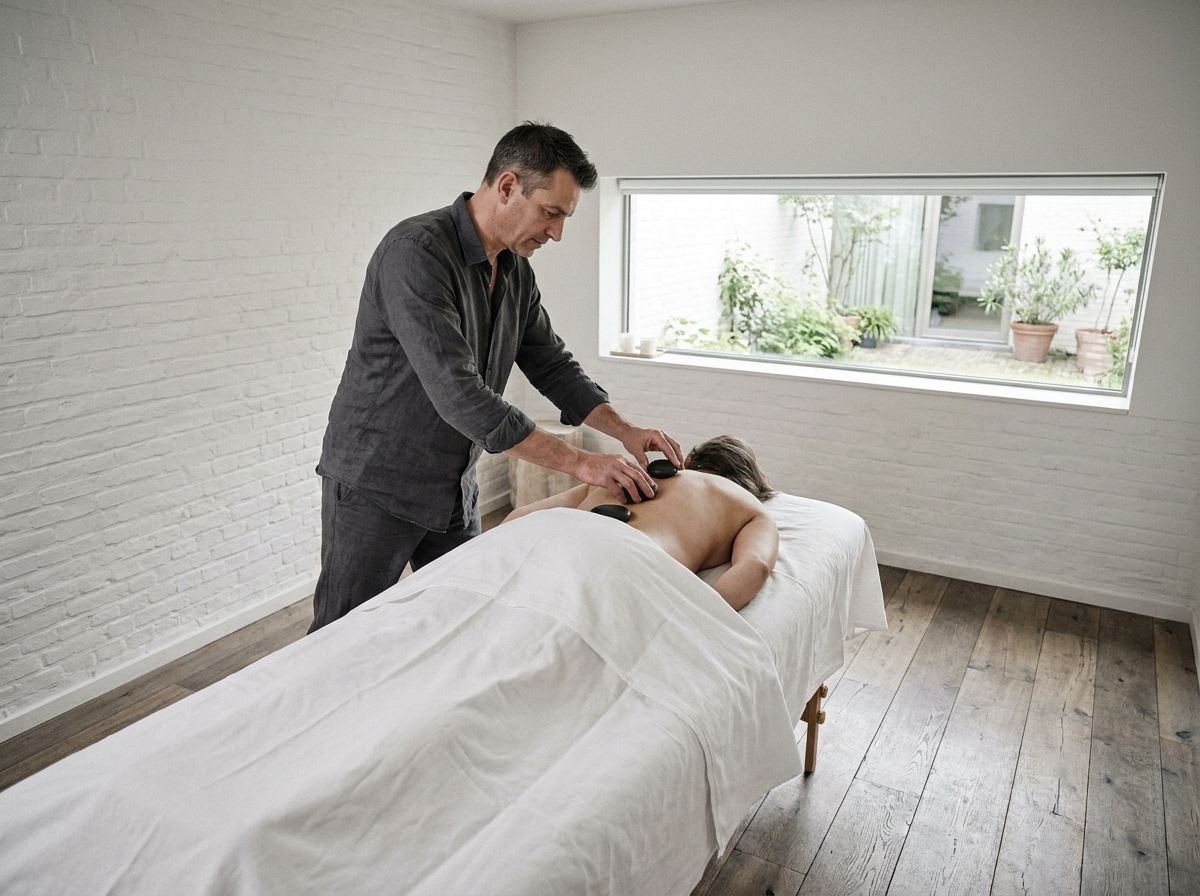Massothérapeute effectuant un massage aux pierres chaudes sur un client dans un centre de bien-être belge minimaliste aux murs en briques blanchies