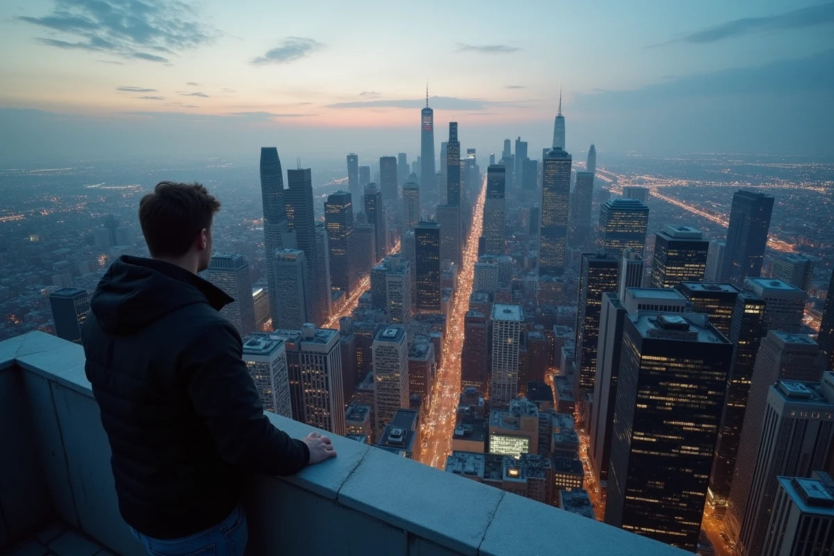 Vue panoramique depuis un toit d'une mégapole américaine au crépuscule avec gratte-ciels et boulevard urbain s'étendant à perte de vue