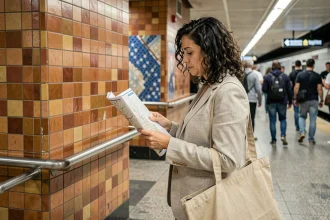 Voyageuse consultant un plan du métro de Madrid dans une station avec des murs en mosaïque espagnole traditionnelle