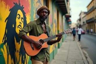 Musicien jamaïcain jouant de la guitare devant une fresque murale de reggae à Kingston en Jamaïque