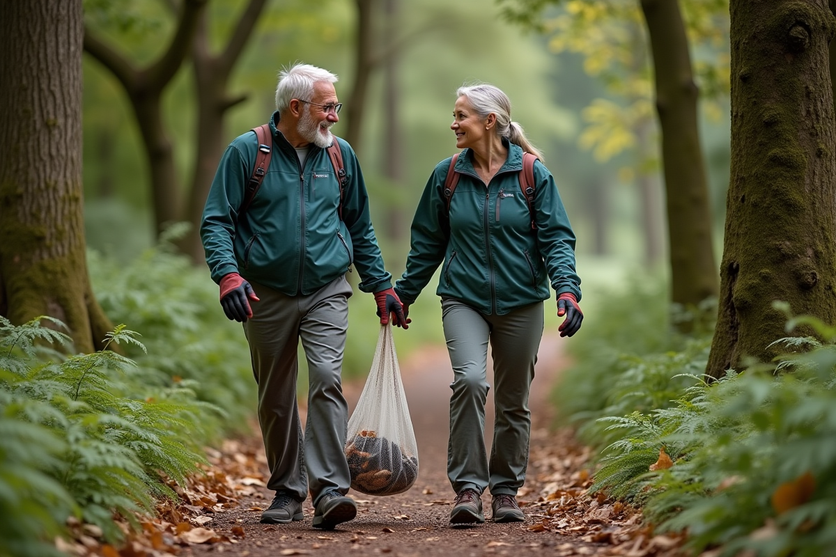 Homme et femme ramassant des déchets dans la forêt lors d
