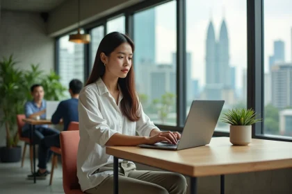 Digital nomade travaillant dans un espace de coworking moderne à Kuala Lumpur avec vue sur les tours Petronas