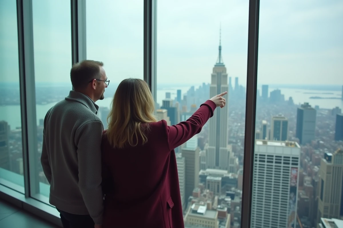 Couple de touristes sur l'observatoire du One World Trade Center avec vue sur les gratte-ciels de Lower Manhattan dont le Woolworth Building