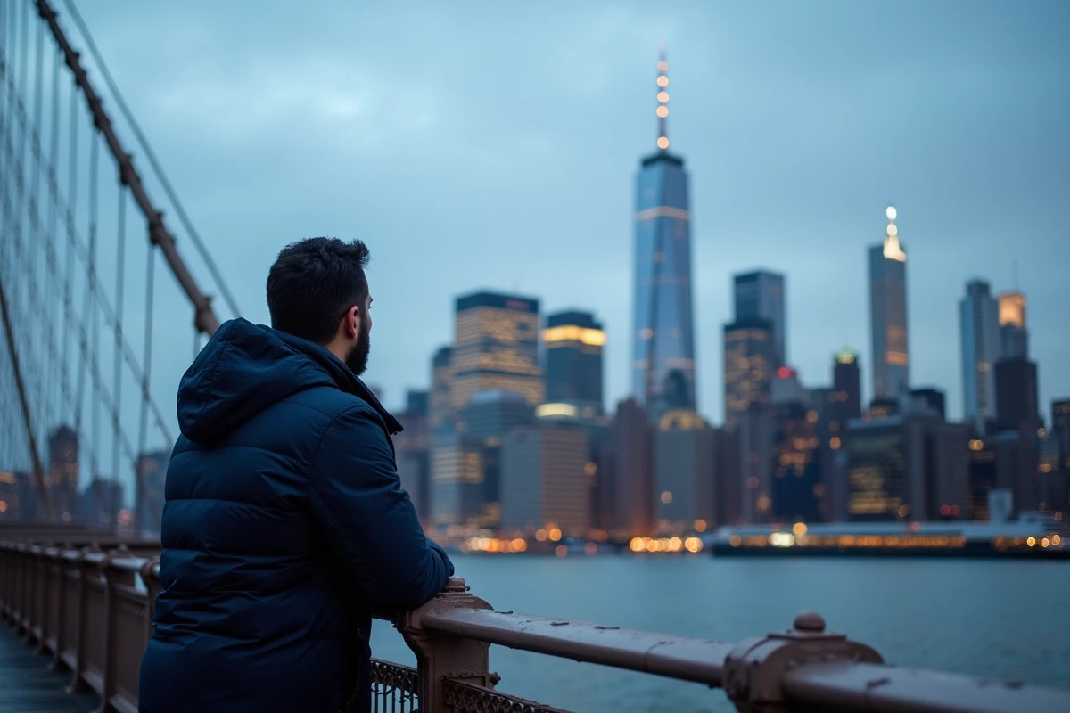 One World Trade Center vu depuis le pont de Brooklyn avec la skyline de Manhattan en arrière-plan et un visiteur contemplant le panorama
