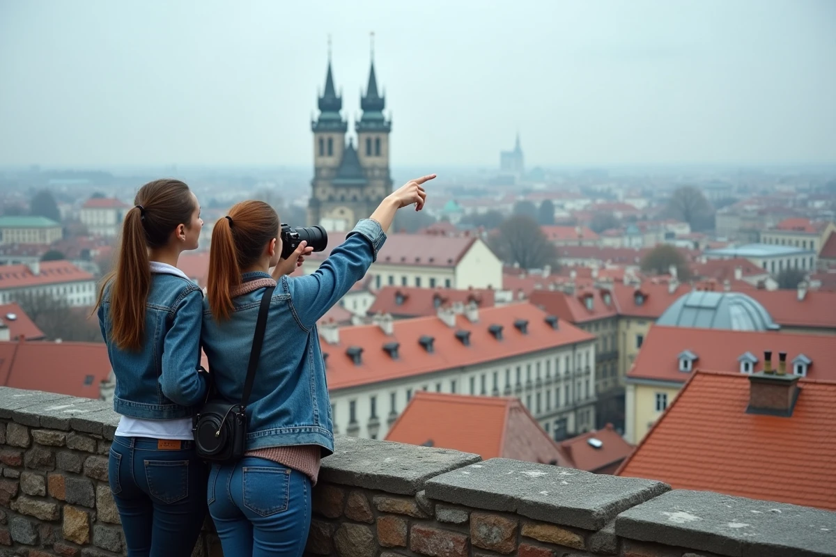 Deux femmes observant la tour de télévision de Žižkov depuis un point de vue panoramique sur les toits de Prague