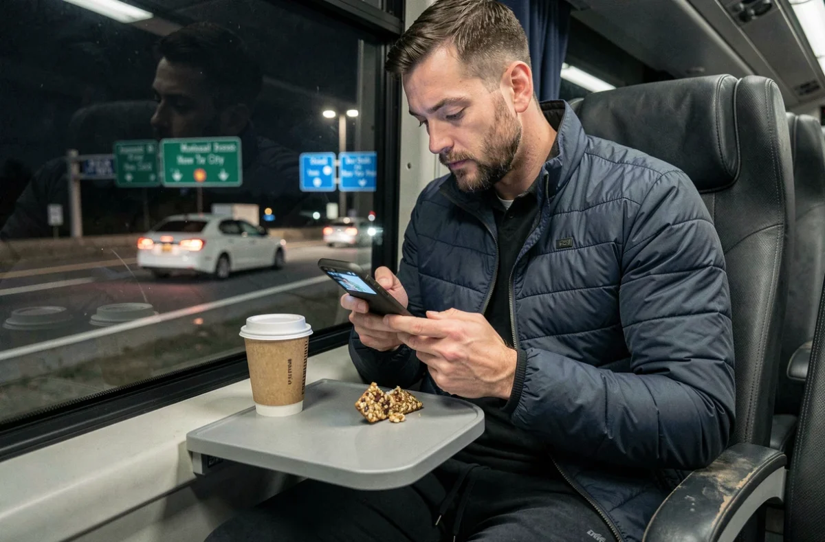 Homme consultant son téléphone avec un itinéraire Montréal New York pendant un trajet en bus de nuit sur l'autoroute