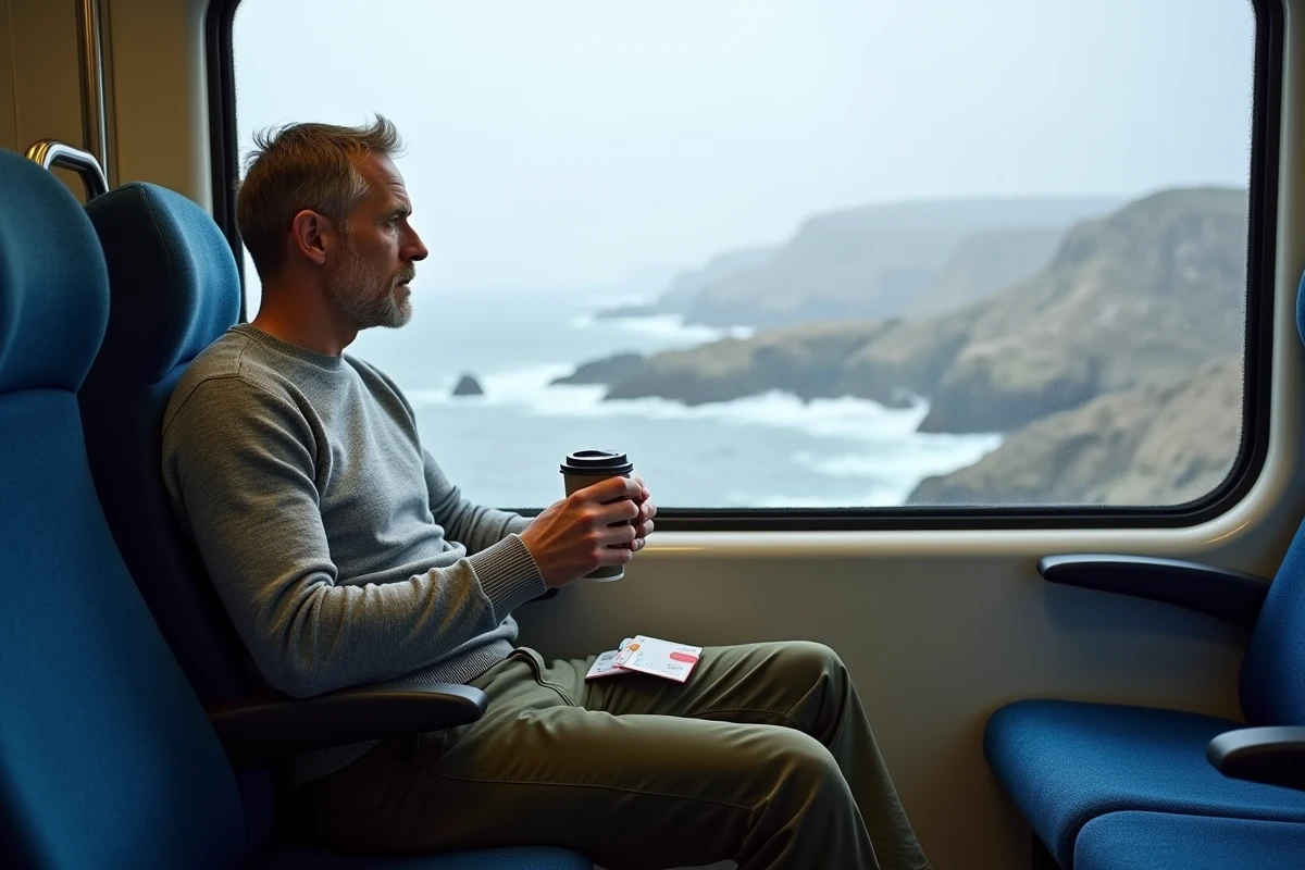 Homme regardant la mer par la fenêtre du train DART à Dún Laoghaire, carte Leap et café posés sur le siège