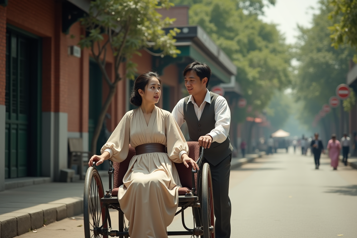 Jeune femme asiatique en poussepousse en ville coloniale