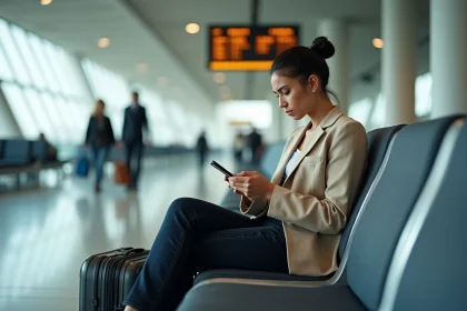 Passagère à l'aéroport Al Massira consultant son téléphone face à un vol retardé, assise dans le terminal avec sa valise
