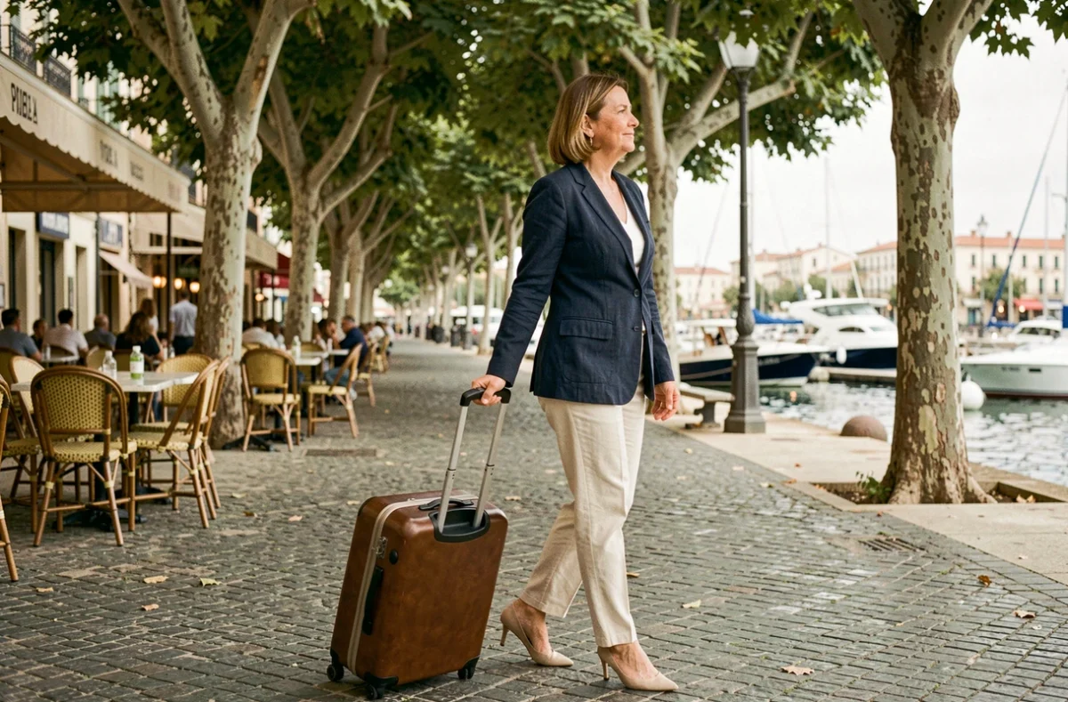 Femme avec valise se promenant sur le quai de Sète avant l'embarquement pour une croisière