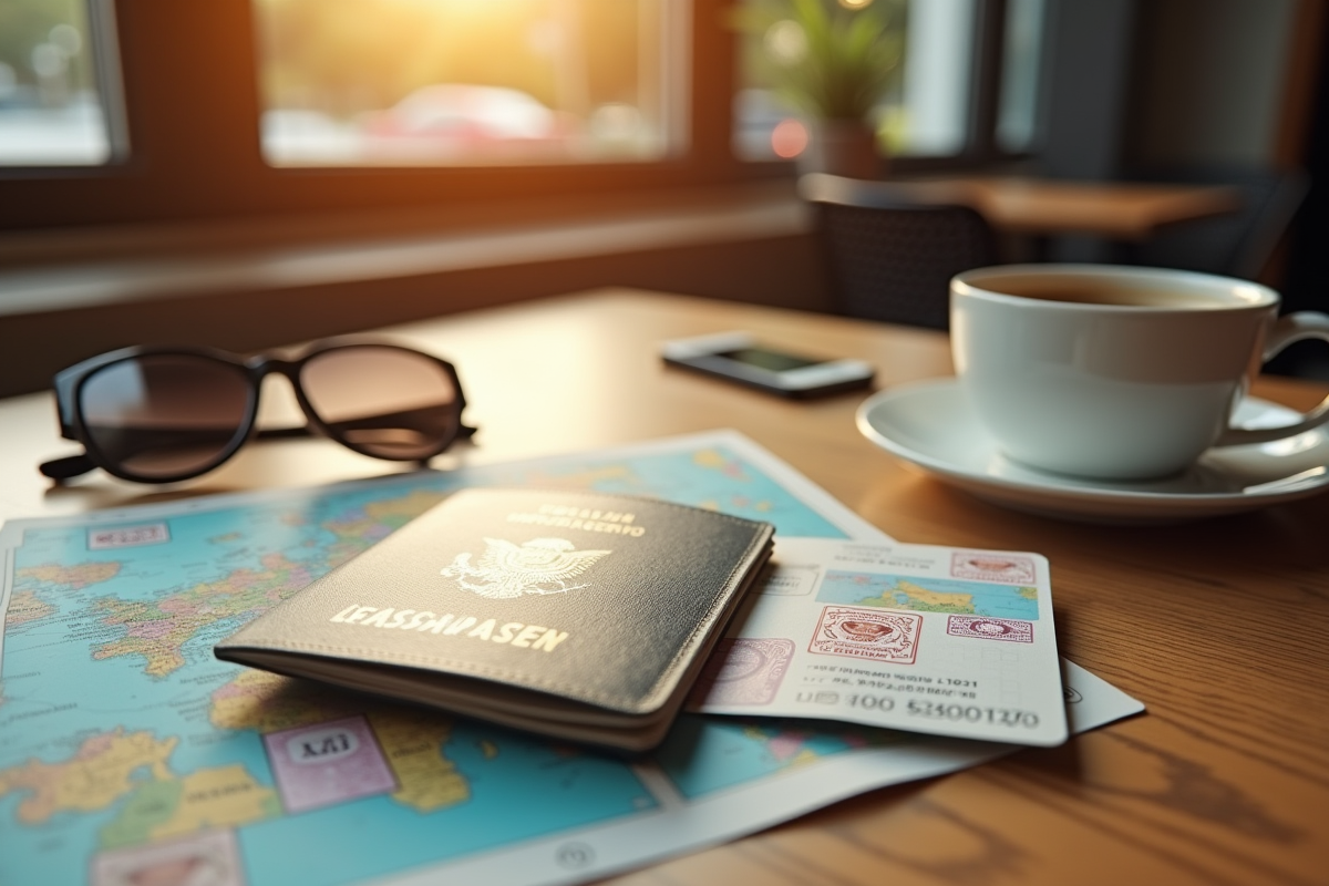 Passeport ouvert avec tampons et carte de voyage sur une table