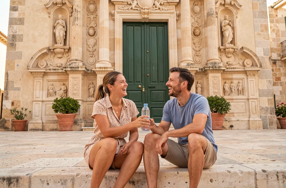 Deux amis faisant une pause devant une église baroque de Senglea lors d'une visite à pied de la cité maltaise