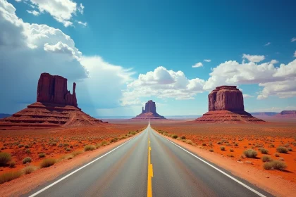 Paysage désertique du Sud-Ouest américain avec buttes de grès rouge et route asphaltée qui s'étend vers l'horizon sous un ciel bleu profond