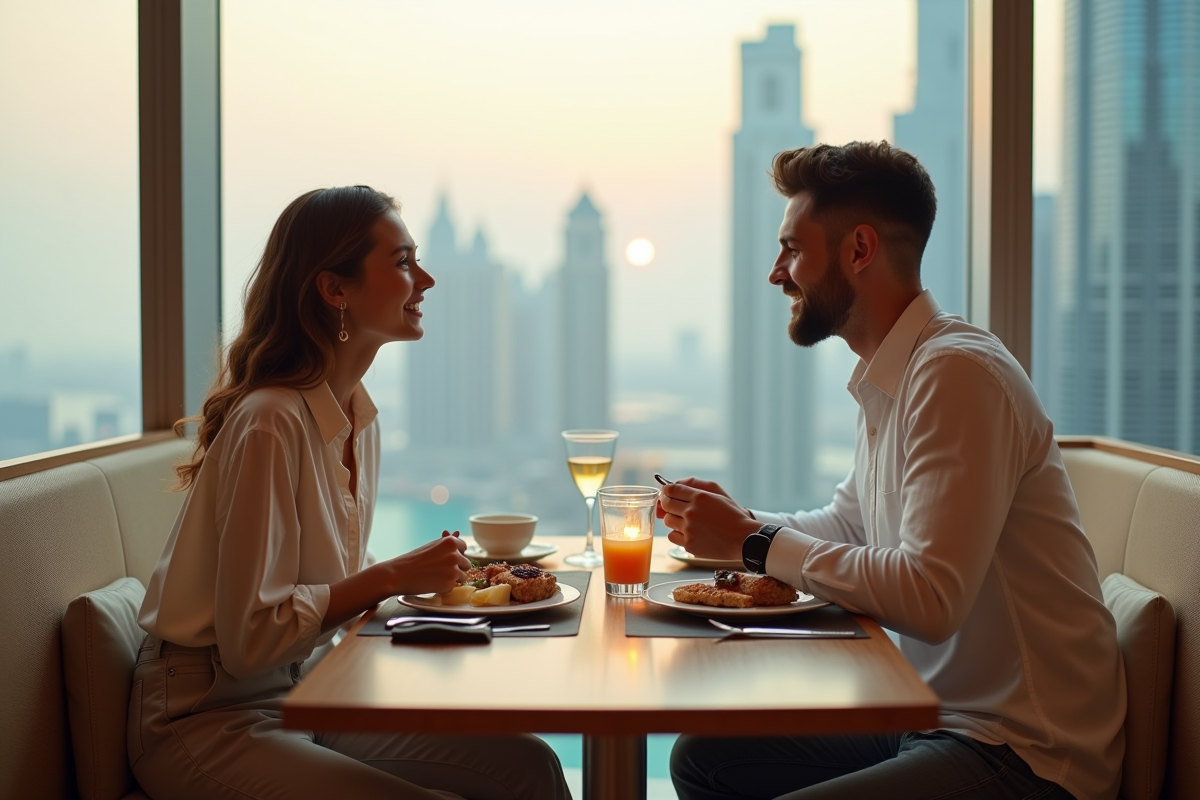 Jeune couple partageant un petit déjeuner avec vue sur Dubai