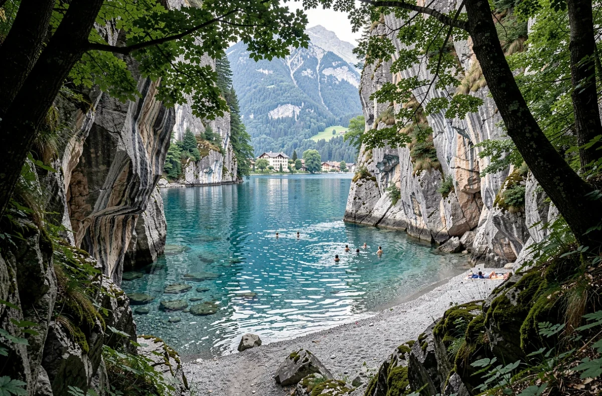Plage d'Angon à Talloires, crique préservée aux falaises calcaires et eau turquoise cristalline du lac d'Annecy