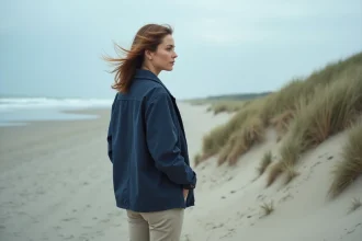 Femme contemplant la plage du Débarquement en Normandie sous un ciel nuageux, ambiance côtière authentique