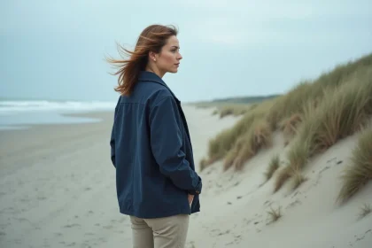 Femme contemplant la plage du Débarquement en Normandie sous un ciel nuageux, ambiance côtière authentique