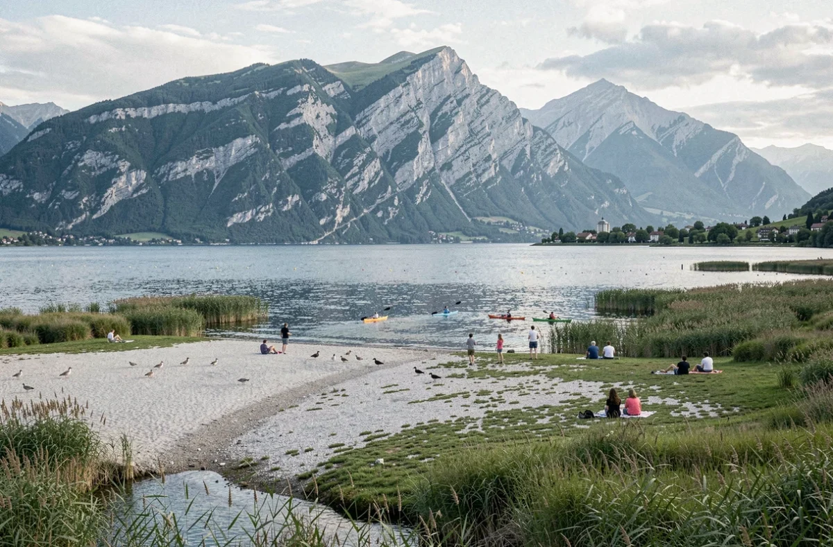 Plage de Doussard à la porte sud du lac d'Annecy avec kayaks, delta du Laudon et montagnes en arrière-plan