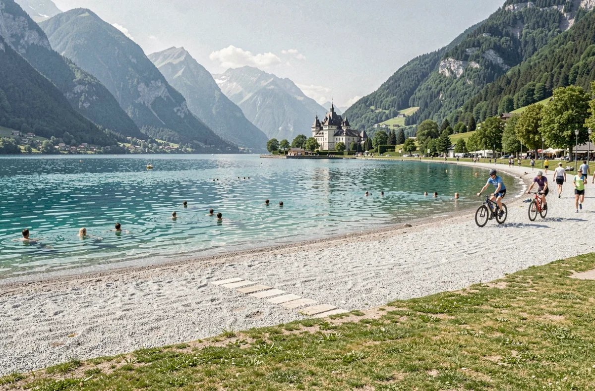 Plage de Sevrier avec accès direct au lac d'Annecy aux eaux turquoise et vue sur les montagnes de Haute-Savoie