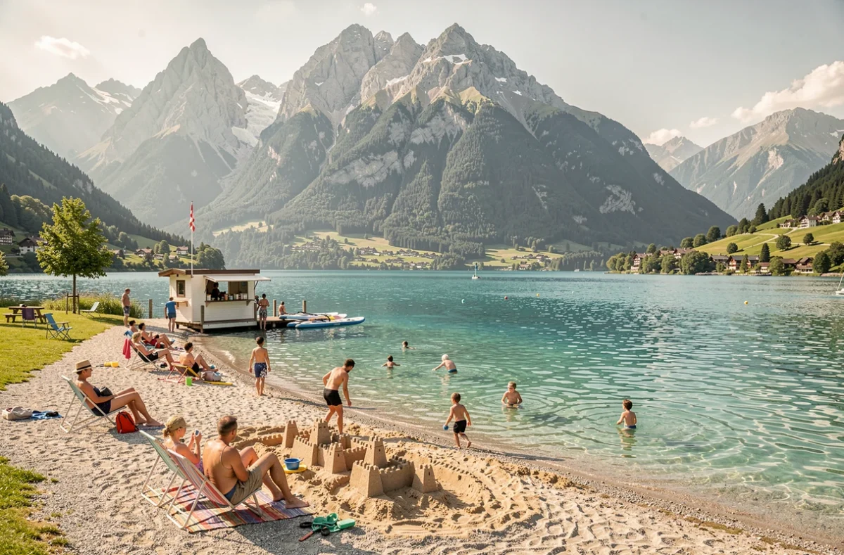 Plages de Saint-Jorioz au lac d'Annecy avec familles, enfants baigneurs et massif des Bauges en arrière-plan