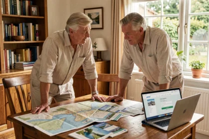 Couple planifiant une croisière sur le Rhône avec des cartes fluviales et brochures sur une table en bois
