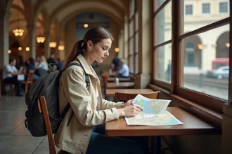 Voyageuse planifiant son itinéraire en train à travers l'Europe avec une carte ferroviaire dans un café de gare